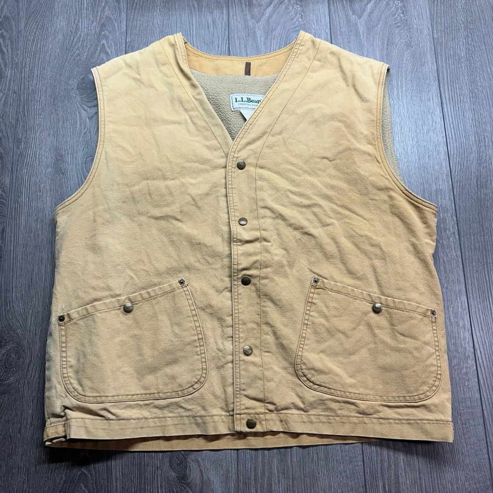 Vintage LL Bean Mens XXL Tan Canvas Fleece Lined Workwear Vest Made in USA M503